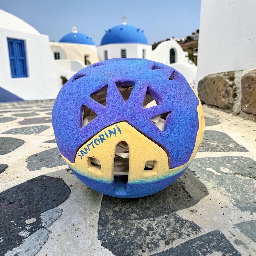 Santorini Greece Handmade Ceramic Sphere Lantern Candle Holder Blue Yellow